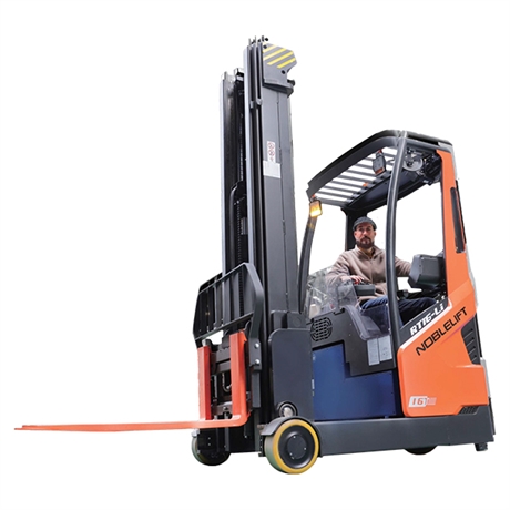 Reach truck 1,600 kg, lift height from 4,500 to 9,000 mm, 48V / 350Ah lithium battery, 200Ah charger, built-in sideshift