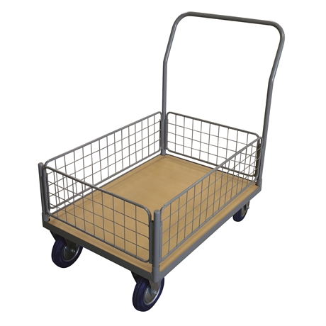 WPG25J - Timber platform trolley 250 kg with 1 mesh backrest + 1 low mesh basket (large)
