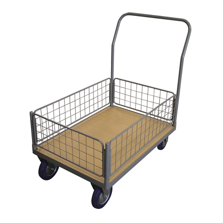 WPG50I - Timber platform trolley 500 kg with 1 mesh backrest + 1 low mesh basket (small)