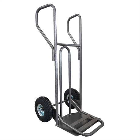 DVPF1-RG-BR - Steel hand truck with curved frame, closed handle and folding plate 250 kg pneumatic wheels