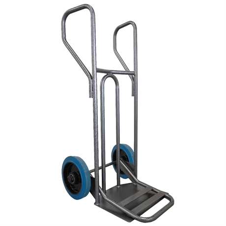 DVPF1-RSB-BR - Steel hand truck with curved frame, closed handle and folding plate 250 kg blue elastic rubber wheels