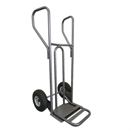 DVPF2-RG-BR - Steel hand truck with curved frame, closed handle and folding plate 250 kg pneumatic wheels