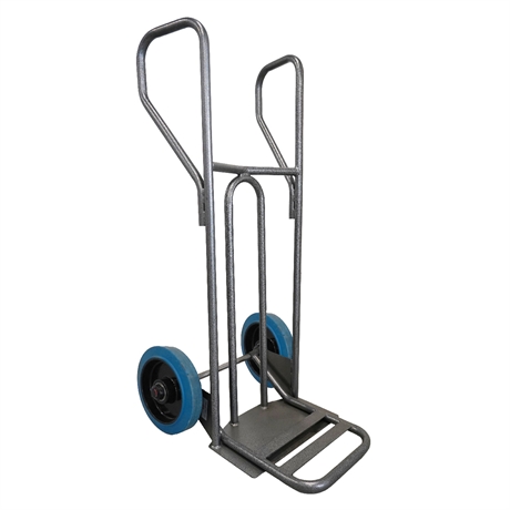 DVPF2-RSB-BR - Steel hand truck with curved frame, closed handle and folding plate 250 kg blue elastic rubber wheels