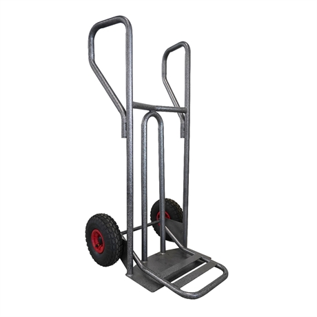 DVPF400-RG-BR - Steel hand truck with curved frame, closed handle and folding plate 400 kg pneumatic wheels