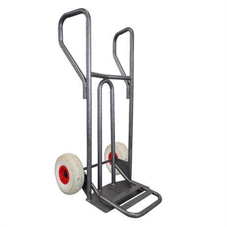 DVPF400-RINC-BR - Steel hand truck with curved frame, closed handle and folding plate 400 kg puncture-proof wheels