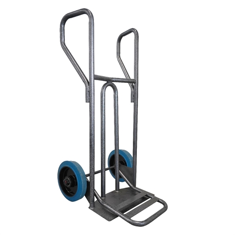 DVPF400-RSB-BR - Steel hand truck with curved frame, closed handle and folding plate 400 kg blue elastic rubber wheels