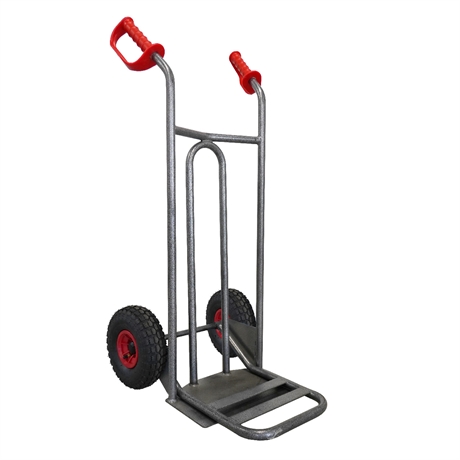 DVPO-RG-BR - Steel hand truck with curved frame, open handle and folding plate 250 kg pneumatic wheels