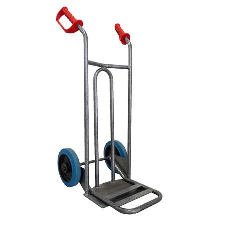 DVPO-RSB-BR - Steel hand truck with curved frame, open handle and folding plate 250 kg blue elastic rubber wheels