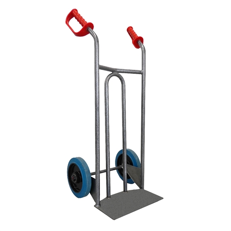 DVPO-RSB - Steel hand truck with curved frame and open handle 250 kg blue elastic rubber wheels