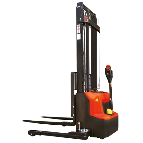 Electric walkie stacker with lithium battery and straddle legs and 1200 kg load capacity