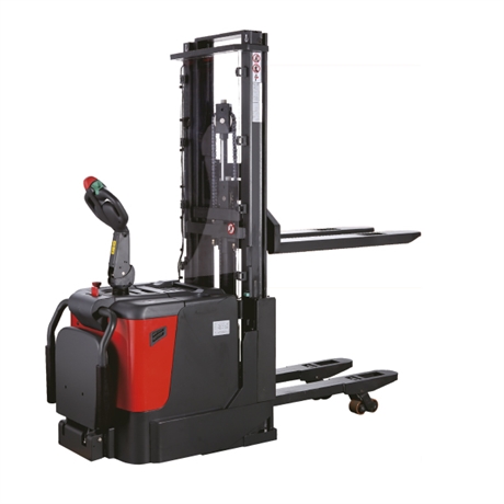 Stand-up rider electric trans-stacker with reinforced straddle legs 2000 kg