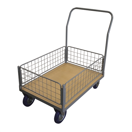 WPG50I - Chariot plateau bois 500 kg avec 1 dossier + 1 panier grillagé bas (petit)