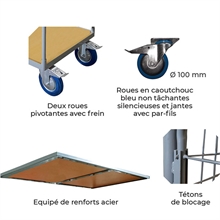 Chariot plateau bois avec dossier grillagé 250 kg - 